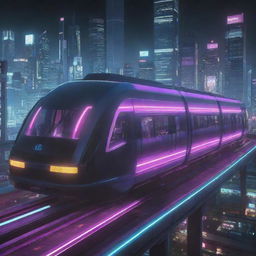 A monorail system reinterpreted in cyberpunk aesthetic, glowing with neon lights, full of sleek, high-tech details, and moving swiftly along a digitally-enhanced rail amidst towering cityscape.