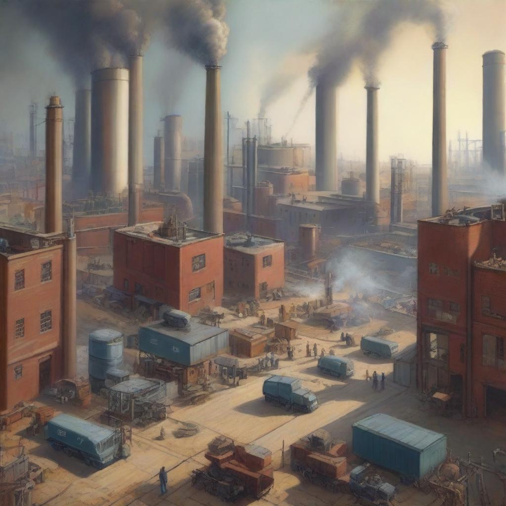 A detailed scene of a bustling industrial area with factories, chimneys emitting smoke, workers operating machinery, and large cargo trucks transporting goods