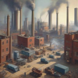 A detailed scene of a bustling industrial area with factories, chimneys emitting smoke, workers operating machinery, and large cargo trucks transporting goods