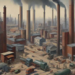 A detailed scene of a bustling industrial area with factories, chimneys emitting smoke, workers operating machinery, and large cargo trucks transporting goods