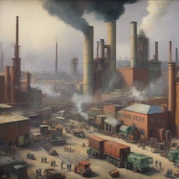 A detailed scene of a bustling industrial area with factories, chimneys emitting smoke, workers operating machinery, and large cargo trucks transporting goods