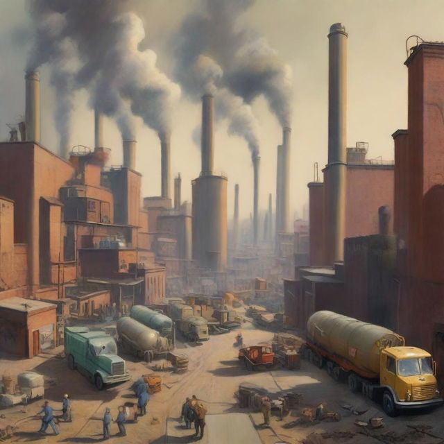 A detailed scene of a bustling industrial area with factories, chimneys emitting smoke, workers operating machinery, and large cargo trucks transporting goods