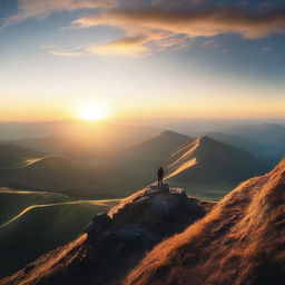 An inspiring image of a person standing at the top of a mountain, looking at a sunrise with a sense of achievement