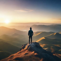 An inspiring image of a person standing at the top of a mountain, looking at a sunrise with a sense of achievement