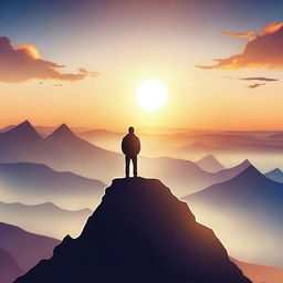 An inspiring image of a person standing at the top of a mountain, looking at a sunrise with a sense of achievement