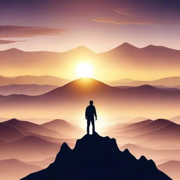 An inspiring image of a person standing at the top of a mountain, looking at a sunrise with a sense of achievement