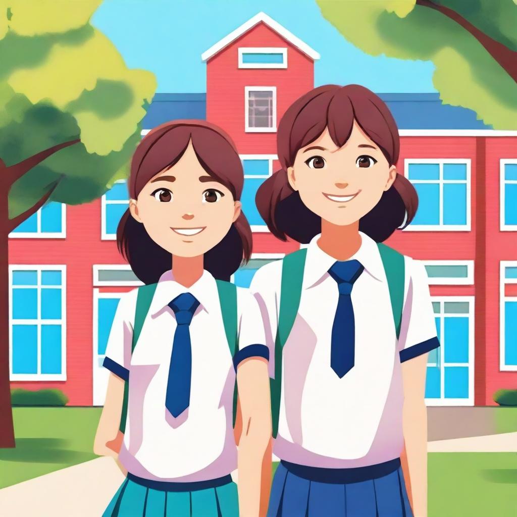 A detailed illustration of a teenage boy and girl wearing school uniforms