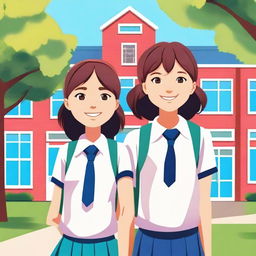 A detailed illustration of a teenage boy and girl wearing school uniforms