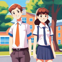 A detailed illustration of a teenage boy and girl wearing school uniforms