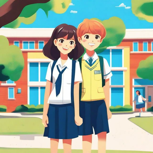 A detailed illustration of a teenage boy and girl wearing school uniforms