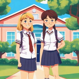 A detailed illustration of a teenage boy and girl wearing school uniforms