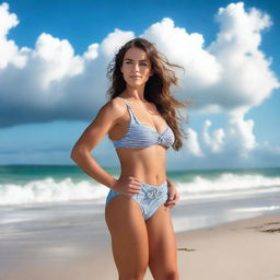 A beautiful woman with a model physique standing on a sunny beach