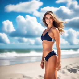 A beautiful woman with a model physique standing on a sunny beach