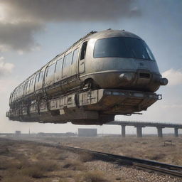 A monorail system brought to life in a nuclearpunk theme, powered by a radiant nuclear energy, encased in heavy-duty protective materials, while carrying passengers safely through a post-apocalyptic landscape.