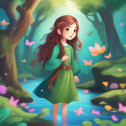 A young girl with flowing hair, dressed in a whimsical outfit, exploring a vibrant and magical fantasy world filled with lush forests, sparkling rivers, and mystical creatures