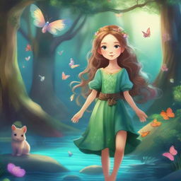 A young girl with flowing hair, dressed in a whimsical outfit, exploring a vibrant and magical fantasy world filled with lush forests, sparkling rivers, and mystical creatures