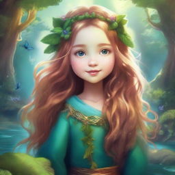 A young girl with flowing hair, dressed in a whimsical outfit, exploring a vibrant and magical fantasy world filled with lush forests, sparkling rivers, and mystical creatures