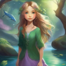 A young girl with flowing hair, dressed in a whimsical outfit, exploring a vibrant and magical fantasy world filled with lush forests, sparkling rivers, and mystical creatures