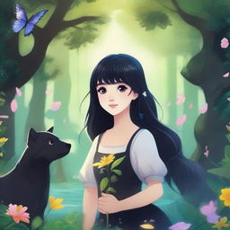 A girl with medium-length black hair in a fantasy world, surrounded by lush forests and magical creatures, finding true love