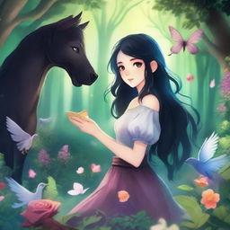 A girl with medium-length black hair in a fantasy world, surrounded by lush forests and magical creatures, finding true love