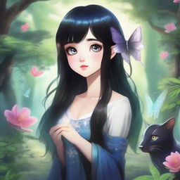 A girl with medium-length black hair in a fantasy world, surrounded by lush forests and magical creatures, finding true love