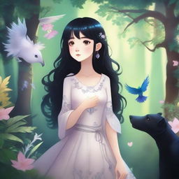 A girl with medium-length black hair in a fantasy world, surrounded by lush forests and magical creatures, finding true love