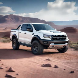 A pearl white Ford Ranger Raptor with blue or red accents, showcasing its rugged design and powerful build