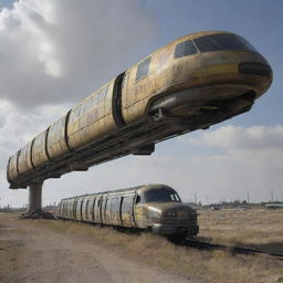 A monorail system brought to life in a nuclearpunk theme, powered by a radiant nuclear energy, encased in heavy-duty protective materials, while carrying passengers safely through a post-apocalyptic landscape.