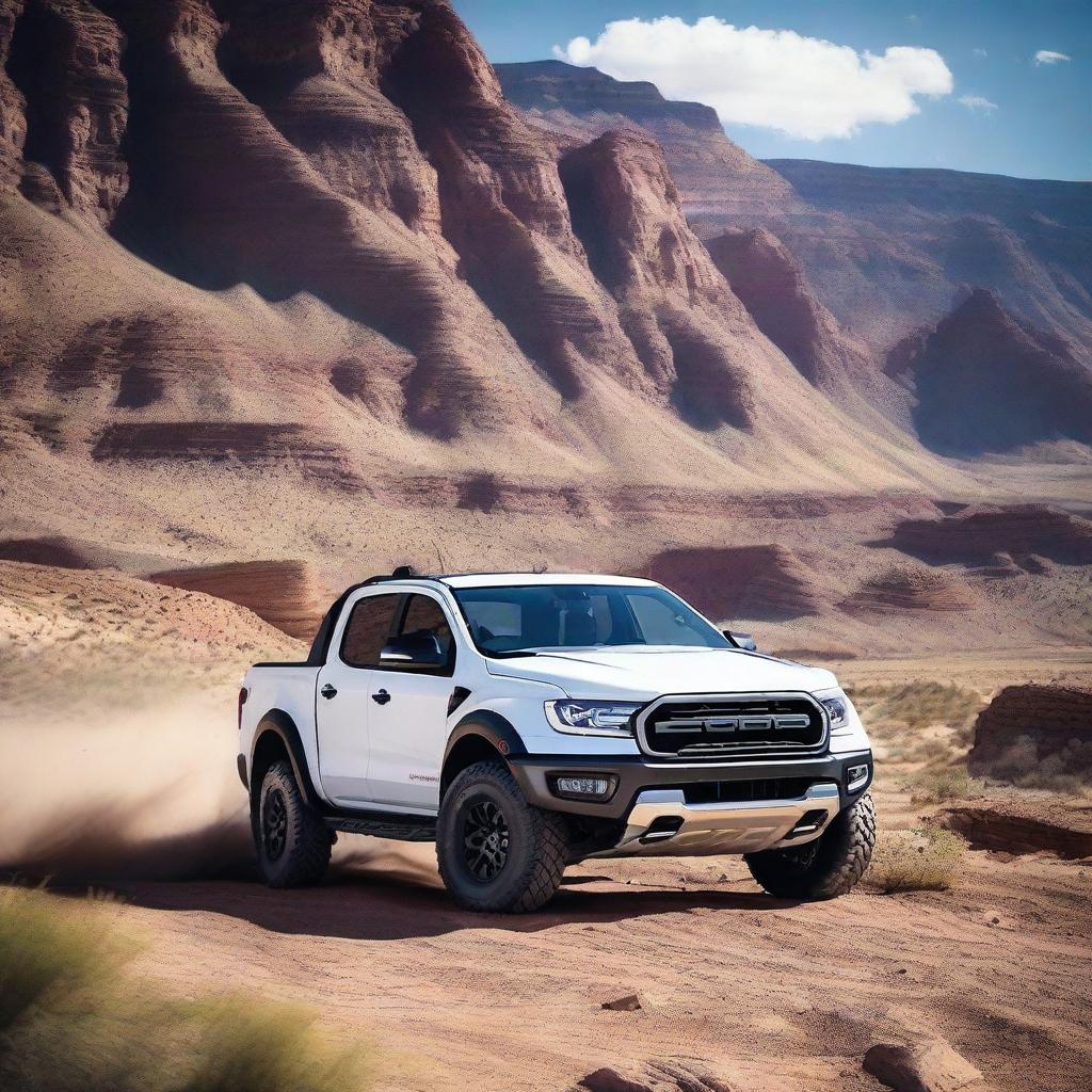 A pearl white Ford Ranger Raptor with blue or red accents, showcasing its rugged design and powerful build