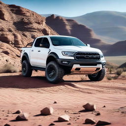 A pearl white Ford Ranger Raptor with blue or red accents, showcasing its rugged design and powerful build