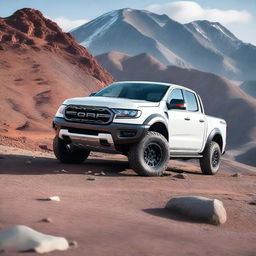 A pearl white Ford Ranger Raptor with blue or red accents, showcasing its rugged design and powerful build