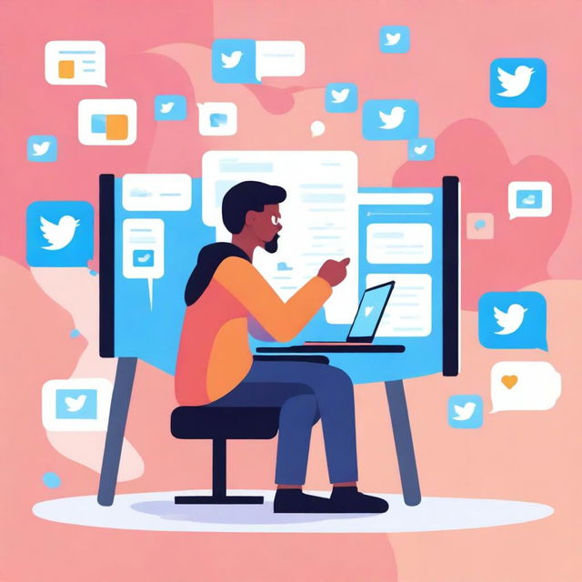 A vibrant and colorful illustration of a person sitting at a computer, exploring various Twitter mirror websites