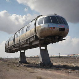 A monorail system brought to life in a nuclearpunk theme, powered by a radiant nuclear energy, encased in heavy-duty protective materials, while carrying passengers safely through a post-apocalyptic landscape.