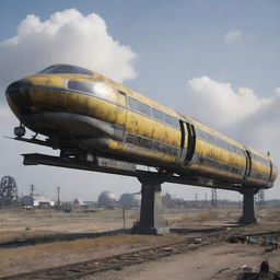 A monorail system brought to life in a nuclearpunk theme, powered by a radiant nuclear energy, encased in heavy-duty protective materials, while carrying passengers safely through a post-apocalyptic landscape.