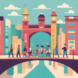 A vibrant illustration depicting internships as a bridge between schools and universities