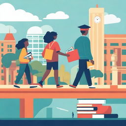 A vibrant illustration depicting internships as a bridge between schools and universities