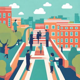 A vibrant illustration depicting internships as a bridge between schools and universities