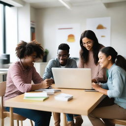 A group of college students working on a project together in a modern, brightly lit internship office