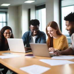 A group of college students working on a project together in a modern, brightly lit internship office