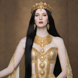 A tall woman with pale skin and long black hair, dressed as a goddess with an abundance of gold jewelry adorning her