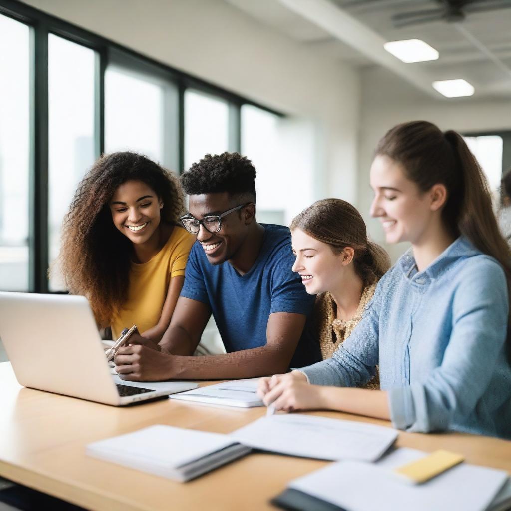 A group of college students working on a project together in a modern, brightly lit internship office