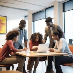 A group of college students working on a project together in a modern, brightly lit internship office