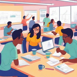 A vibrant and animated scene showing college students engaging in an internship program