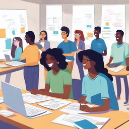 A vibrant and animated scene showing college students engaging in an internship program