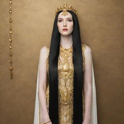 A tall woman with pale skin and long black hair, dressed as a goddess with an abundance of gold jewelry adorning her