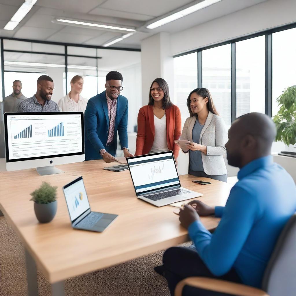 A diverse group of professionals working together in a modern office environment