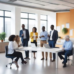 A diverse group of professionals working together in a modern office environment