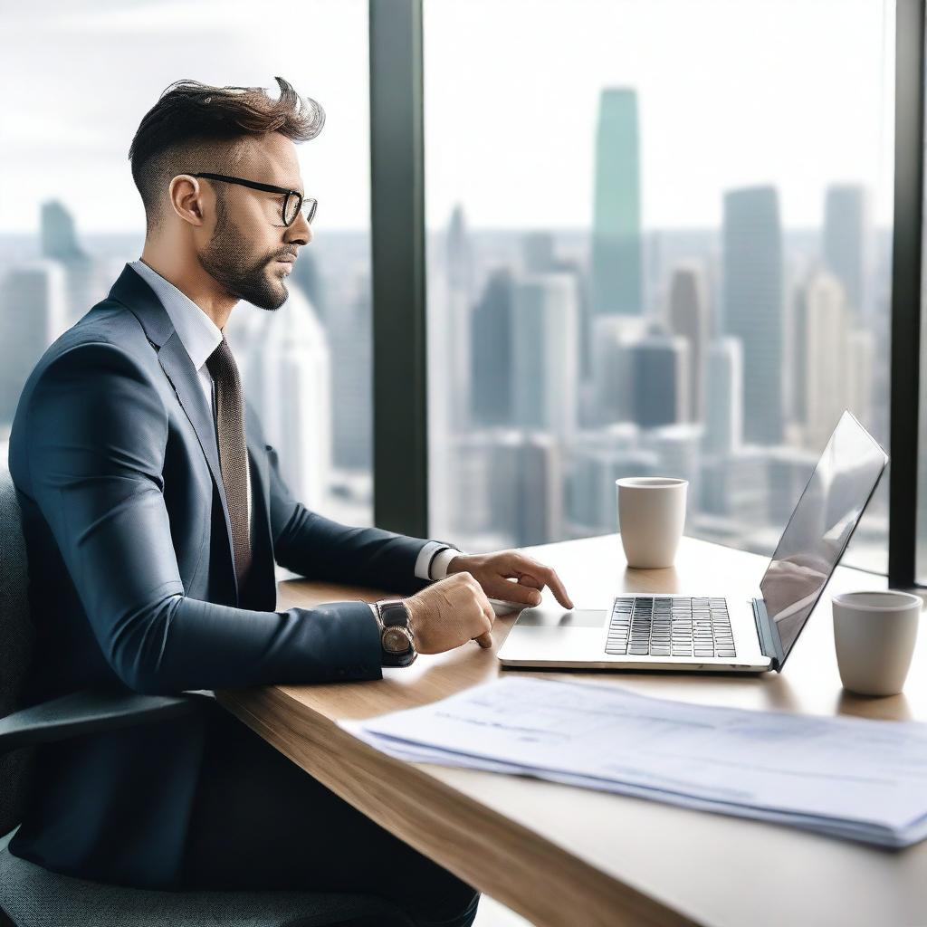 A professional individual focused on their career, working diligently at a modern office desk with a laptop, coffee cup, and important documents