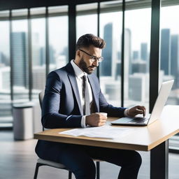 A professional individual focused on their career, working diligently at a modern office desk with a laptop, coffee cup, and important documents