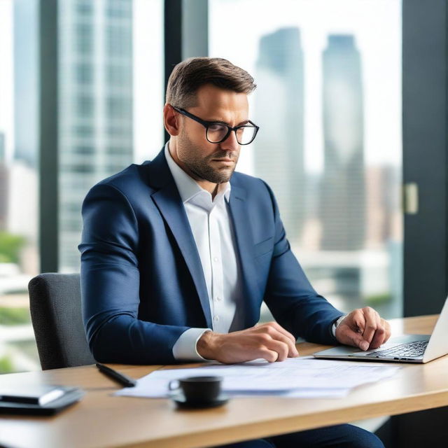 A professional individual focused on their career, working diligently at a modern office desk with a laptop, coffee cup, and important documents